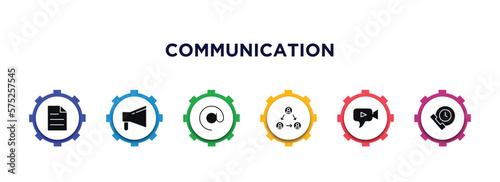 communication filled icons with infographic template. glyph icons such as pager, bullhorn, arroba, people connection, video chat, time call vector.