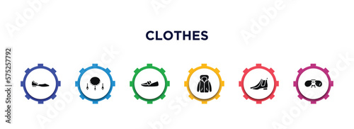 clothes filled icons with infographic template. glyph icons such as ballets flats, jewelry, loafer, hooded jacket, leather chelsea boots, pilot sunglasses vector.