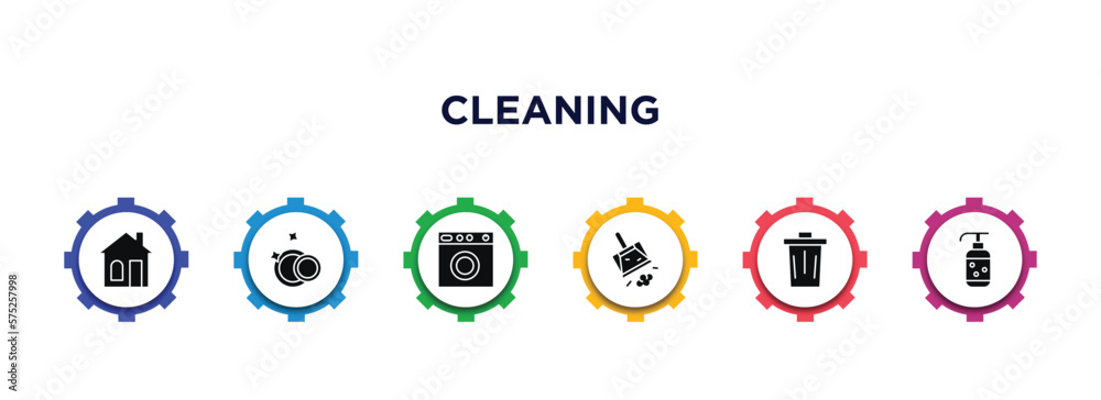 cleaning filled icons with infographic template. glyph icons such as house, clean dishes, washing cleanin, dustpan cleanin, wiping trash, wiping soap vector. cleaning filled icons with infographic template. glyph icons such as house, clean dishes, washing cleanin, dustpan cleanin, wiping trash, wiping soap vector.
