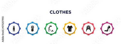 clothes filled icons with infographic template. glyph icons such as dungarees, dressing gown, heels, t-shirt, ushanka, high heel vector.