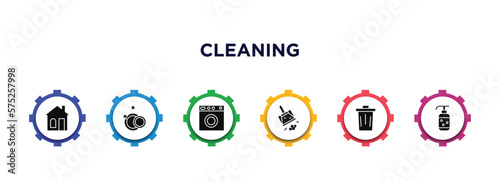 cleaning filled icons with infographic template. glyph icons such as house, clean dishes, washing cleanin, dustpan cleanin, wiping trash, wiping soap vector.