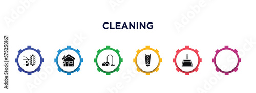 cleaning filled icons with infographic template. glyph icons such as clean car, hairdryer cleanin, house cleanin, wiping vacuum tool, shaver cleanin, wiping dustpan vector.