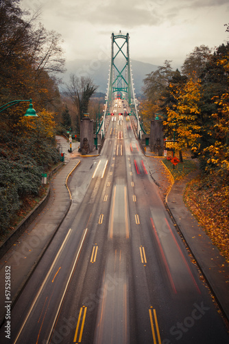 Morning traffic crosses the Lions Gate Bridge during rush hou in Vancouver, Canada.