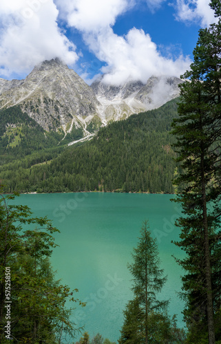 Lake Anterselva, Italy. Amazing view of the famous lake Anterselva. Alpine lake. Picturesque mountain lake at Dolomites. Wonderful nature contest. Iconic location for photographers