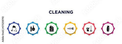 cleaning filled icons with infographic template. glyph icons such as states of matter, acid, detergent, suspension, floor mop, solvent vector.
