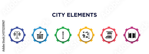 city elements filled icons with infographic template. glyph icons such as street light, city hall, street lamp, park, fire station, gate vector.