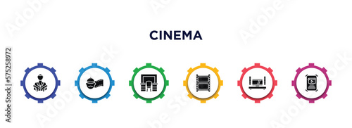 cinema filled icons with infographic template. glyph icons such as hitman, producer, dressing room, photograms, home cinema, film poster vector.