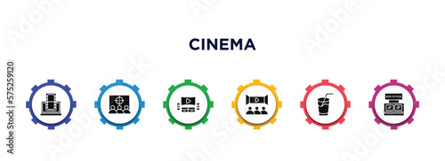 cinema filled icons with infographic template. glyph icons such as laptop with film strip, cinema audience, home theater, movie theater, drink with straw, box office vector.