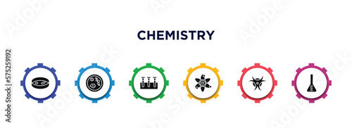 chemistry filled icons with infographic template. glyph icons such as petri dish, microbiology, samples, atomic, hazardous, volumetric vector.
