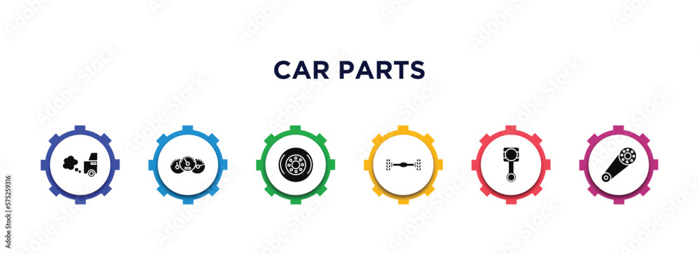 car parts filled icons with infographic template. glyph icons such as car exhaust, car dashboard, hubcap, axle, connecting rod, camshaft vector. car parts filled icons with infographic template. glyph icons such as car exhaust, car dashboard, hubcap, axle, connecting rod, camshaft vector.