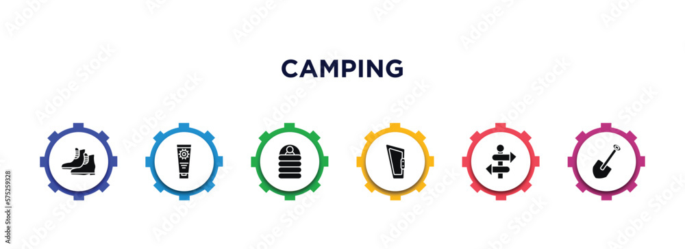 camping filled icons with infographic template. glyph icons such as boot, sun lotion, sleeping bag, carabiner, direction, shovel vector. camping filled icons with infographic template. glyph icons such as boot, sun lotion, sleeping bag, carabiner, direction, shovel vector.