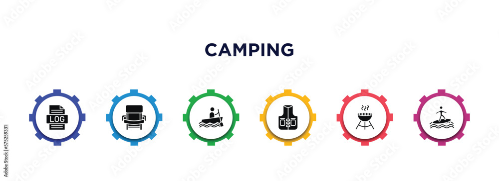 camping filled icons with infographic template. glyph icons such as log, folding chair, rafting, fishing vest, grill, surfing vector. camping filled icons with infographic template. glyph icons such as log, folding chair, rafting, fishing vest, grill, surfing vector.
