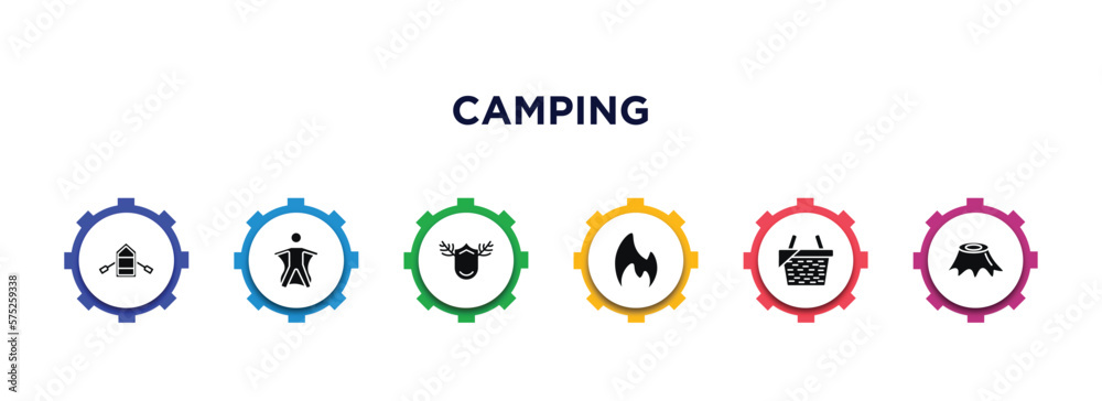 camping filled icons with infographic template. glyph icons such as inflatable boat, wingsuit, hunting trophy, gas, picnic, stump vector. camping filled icons with infographic template. glyph icons such as inflatable boat, wingsuit, hunting trophy, gas, picnic, stump vector.