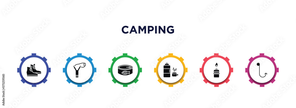 camping filled icons with infographic template. glyph icons such as boots shoes, slingshot, canned food, thermos, camping gas, hook vector. camping filled icons with infographic template. glyph icons such as boots shoes, slingshot, canned food, thermos, camping gas, hook vector.