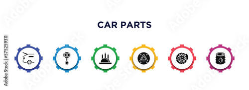 car parts filled icons with infographic template. glyph icons such as car boot, car cylinder, distributor cap, hazard lights, disc brake, petrol tank vector.