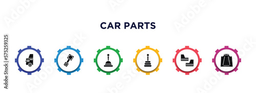 car parts filled icons with infographic template. glyph icons such as car petrol cap, car piston, handbrake, transmission, mud flap, bonnet vector.