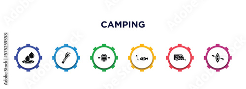 camping filled icons with infographic template. glyph icons such as water, flashlight, raft, fishing, caravan, canoe vector.