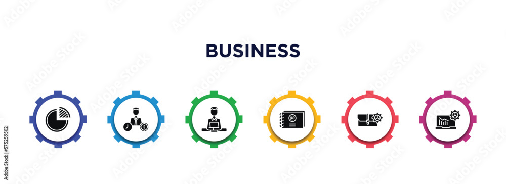 business filled icons with infographic template. glyph icons such as quarter pie chart, worker money time, boss reading a document, email contacts, briefcase tings, laptop analysis vector.