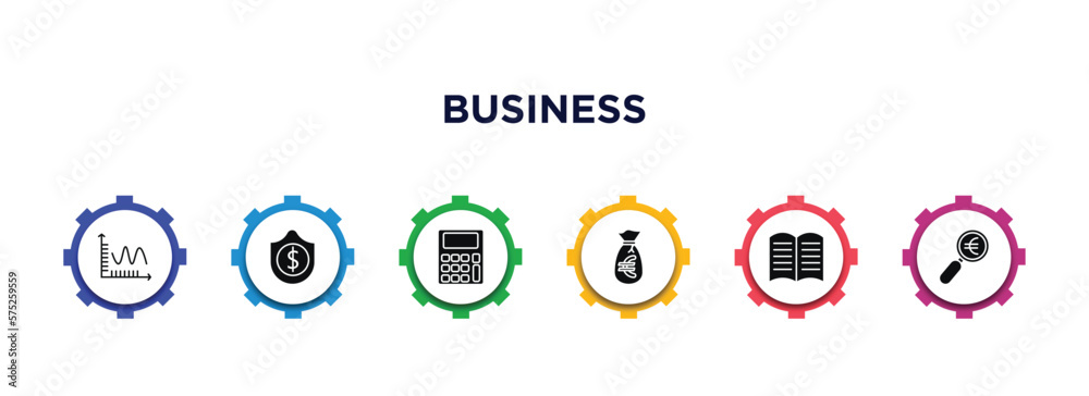 business filled icons with infographic template. glyph icons such as smooth line chart, dollar money protection, calculator maths tool, euro money bag, story, euro under magnifier vector. business filled icons with infographic template. glyph icons such as smooth line chart, dollar money protection, calculator maths tool, euro money bag, story, euro under magnifier vector.