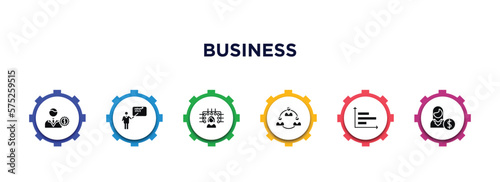 business filled icons with infographic template. glyph icons such as man with money gears, man presentation, multitasking woman, work parteners, horizontal bar chart, woman with money vector.