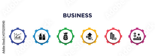 business filled icons with infographic template. glyph icons such as measuring success, nails, dollar on business time, increase rate, euro coins stack, bank teller vector.