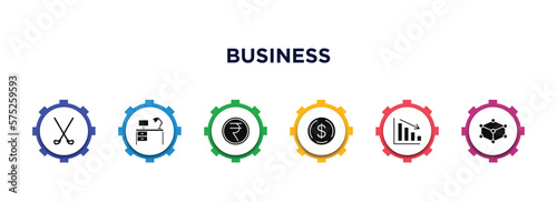 business filled icons with infographic template. glyph icons such as golf sticks, work table, nepalese, dollar currency, deficit, structure vector.