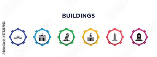 buildings filled icons with infographic template. glyph icons such as rialto bridge, brandenburg gate, pisa tower, goverment building, state building, islamic cemetery vector.