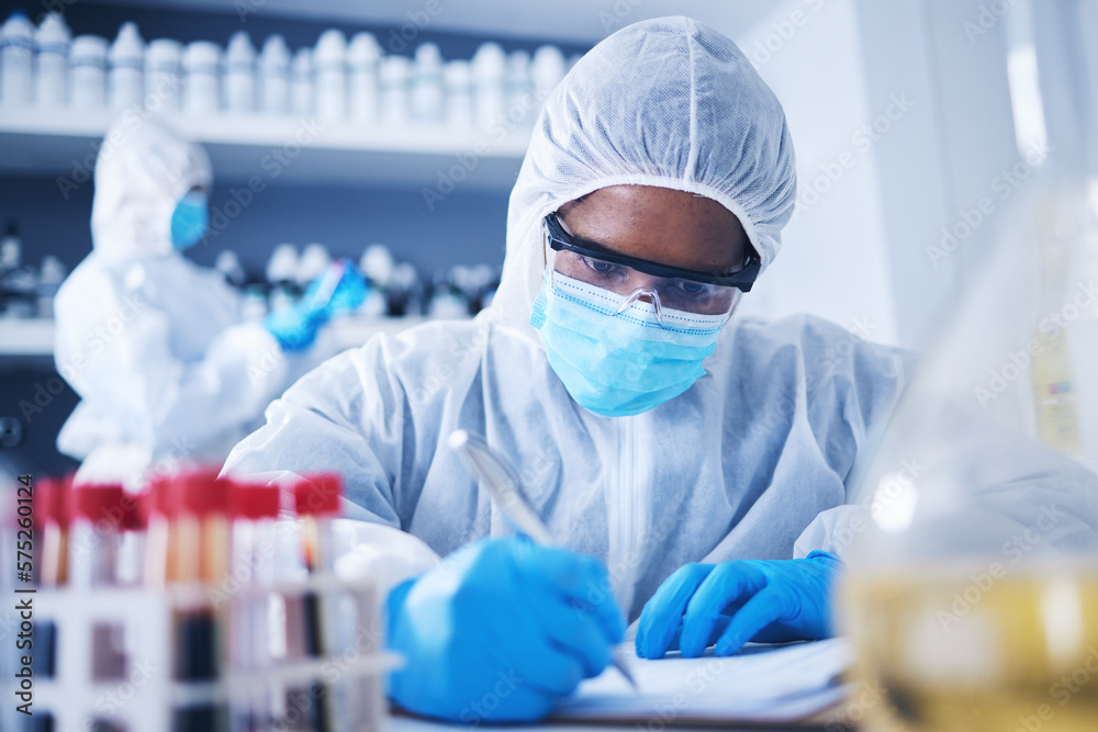 Serious, writing or doctor in lab with notebook for DNA research, medical exam and sample analysis. Healthcare, biotechnology or scientist for medicine checklist, covid results or vaccine report Serious, writing or doctor in lab with notebook for DNA research, medical exam and sample analysis. Healthcare, biotechnology or scientist for medicine checklist, covid results or vaccine report