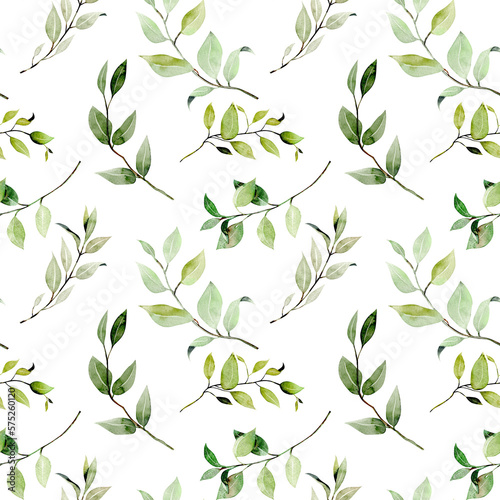 Seamless pattern of watercolor greenery branches  illustration on a white background
