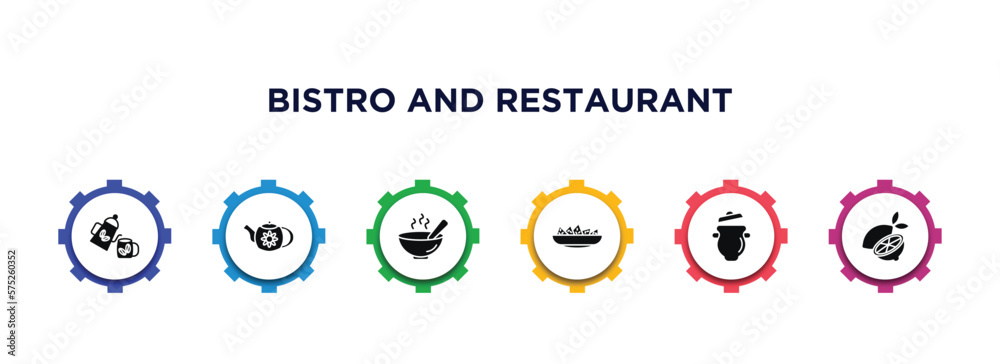 bistro and restaurant filled icons with infographic template. glyph icons such as pouring coffe, vintage teapot, hot soup, nachos plate, pot with cover, half lemon vector. bistro and restaurant filled icons with infographic template. glyph icons such as pouring coffe, vintage teapot, hot soup, nachos plate, pot with cover, half lemon vector.
