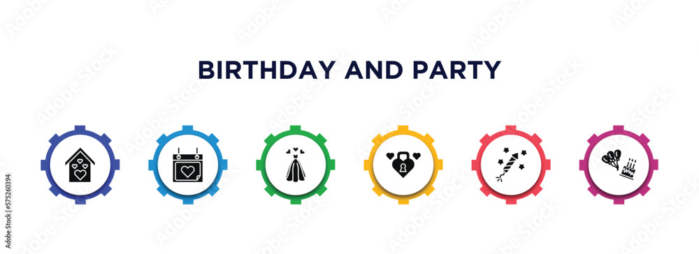 birthday and party filled icons with infographic template. glyph icons such as love house, love calendar, wedding dress, love lock, birthday rocket, happy birthday vector. birthday and party filled icons with infographic template. glyph icons such as love house, love calendar, wedding dress, love lock, birthday rocket, happy birthday vector.