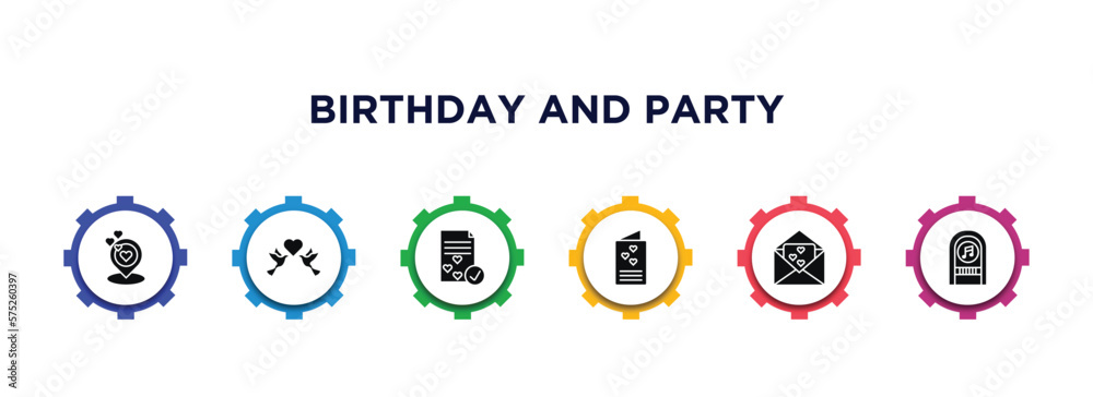 birthday and party filled icons with infographic template. glyph icons such as wedding location, love birds, wedding planner, wedding letter, invitation, jukebox vector. birthday and party filled icons with infographic template. glyph icons such as wedding location, love birds, wedding planner, wedding letter, invitation, jukebox vector.