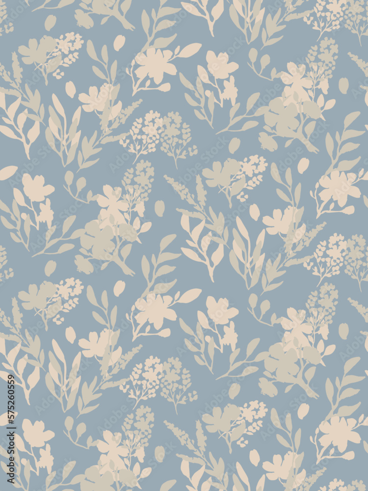 Delicate pastel silhouette of leaves and flowers seamless pattern Delicate pastel silhouette of leaves and flowers seamless pattern