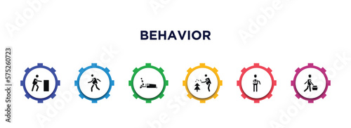 behavior filled icons with infographic template. glyph icons such as man pushing, man running, man sleeping, prune hedge, fracture arm, shopping vector.