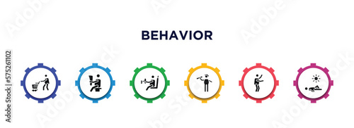 behavior filled icons with infographic template. glyph icons such as shopper man, man reading newspaper, man driving, stick graduated, stick dancing, sunbathing vector.
