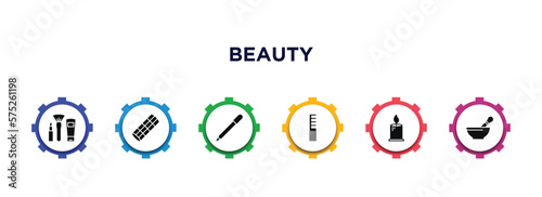 beauty filled icons with infographic template. glyph icons such as makeup, curler with pin, eye pencil, women comb, one candle, mortar bowl vector.