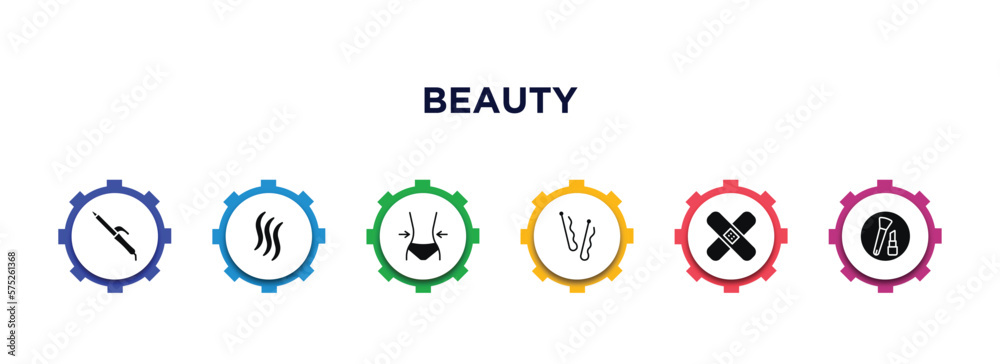beauty filled icons with infographic template. glyph icons such as curler, hair, women waist, bobby pins, patches, women makeup vector.