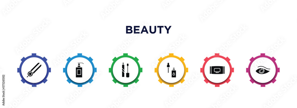 beauty filled icons with infographic template. glyph icons such as flat iron, shampoo bottle, liquid lipstick, skincare, wipes, woman eye vector. beauty filled icons with infographic template. glyph icons such as flat iron, shampoo bottle, liquid lipstick, skincare, wipes, woman eye vector.