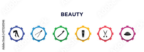 beauty filled icons with infographic template. glyph icons such as legs, tweezers, toothbrush, face cleanser, hair scissors, three stones vector.