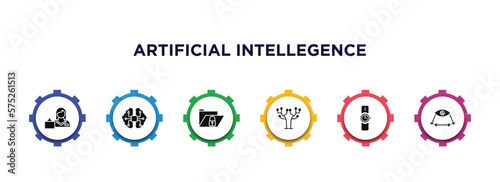 artificial intellegence filled icons with infographic template. glyph icons such as shop assistant, ai brain, secure data, technology tree, wristwatch, field of view vector.