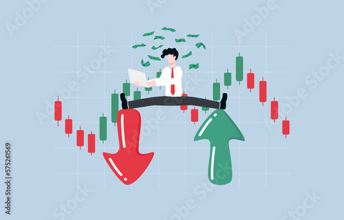 Making profit from both rising and falling markets, skillful analysis of market trends, professional investment concept, Smart businessman making money from trading on both up and down arrows. 