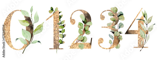Set of gold numbers with watercolor eucalyptus and greenery branches, isolated illustration on white background, for wedding monogram, greeting cards, logo