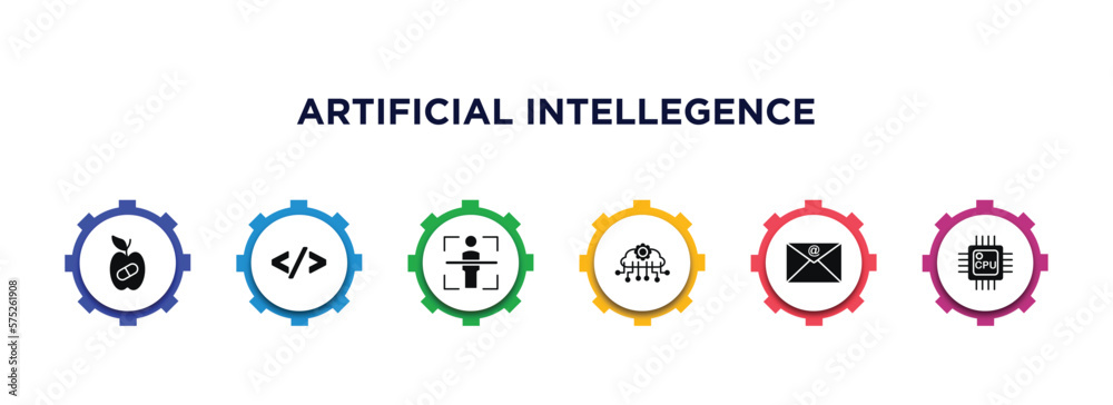 artificial intellegence filled icons with infographic template. glyph icons such as synthetic food, code, body scan, cloud intelligence, mail, cpu vector. artificial intellegence filled icons with infographic template. glyph icons such as synthetic food, code, body scan, cloud intelligence, mail, cpu vector.