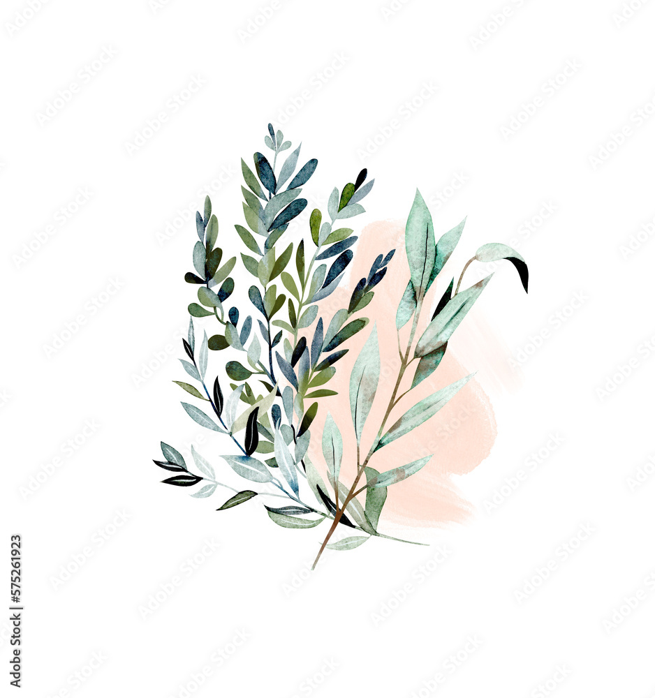 Floral arrangement of greenery and watercolor stain, isolated illustration on a white background