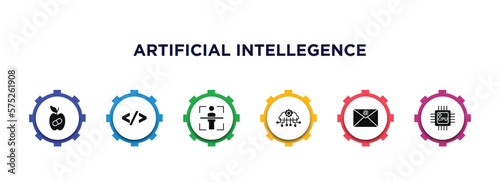 artificial intellegence filled icons with infographic template. glyph icons such as synthetic food, code, body scan, cloud intelligence, mail, cpu vector.