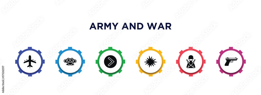 army and war filled icons with infographic template. glyph icons such as plane, knuckle, chevron, bomb detonation, infantry, vector.