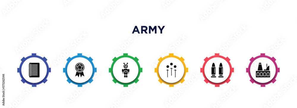army filled icons with infographic template. glyph icons such as notebook, rank, military robot hine, union military strategy, bullets, industrial building vector. army filled icons with infographic template. glyph icons such as notebook, rank, military robot hine, union military strategy, bullets, industrial building vector.