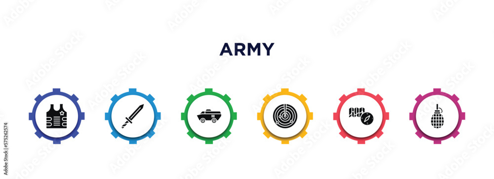 army filled icons with infographic template. glyph icons such as bulletproof vest, dagger, military vehicle, radar, map and compass, grenade vector. army filled icons with infographic template. glyph icons such as bulletproof vest, dagger, military vehicle, radar, map and compass, grenade vector.