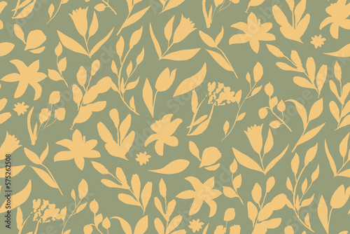 bicolor contour silhouette seamless pattern with flowers and leaves. Abstract floral spring, summer pattern.