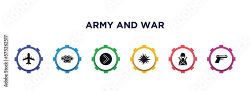 army and war filled icons with infographic template. glyph icons such as plane, knuckle, chevron, bomb detonation, infantry, vector.